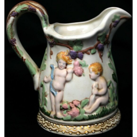 VTG 1972 Hazel Cousins Cherub Ceramic White Pitcher Multicolored Vineyard Design - Picture 4 of 11